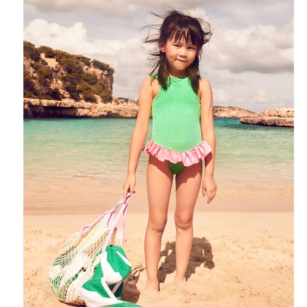 Hunza G Kids Duo Denise Crinkle One-Piece Swimsuit Green Pink Ruffle Ages 2-6